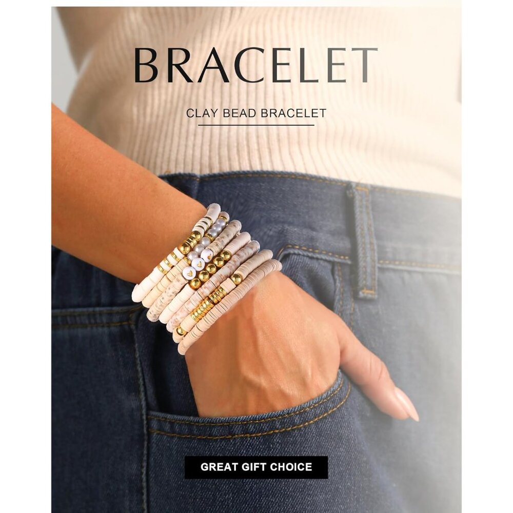 Friendship Bracelets Trendy Heishi Clay Bead Bracelets Stack Gold Beaded Stretch - Picture 2 of 7